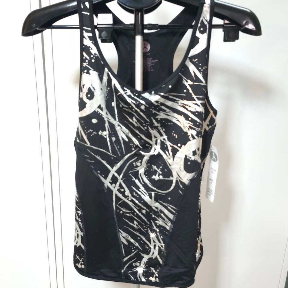 Yoshion Women's Racerback Athletic Tank Top, Black and Silver Print, Size M